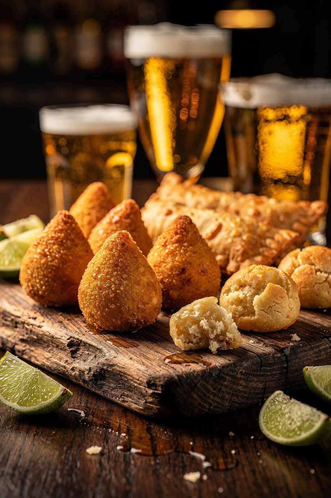 Tábua de petiscos de boteco servida com chope gelado